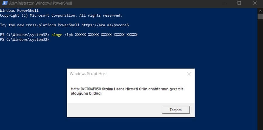 Windows lisans anahtarı girme hatası örnek ekran görüntüsü