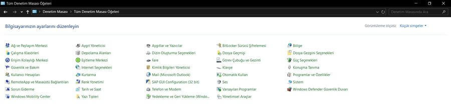 Denetim Masası nedir konusu için hazırlanmış küçük ikonlarla denetim masası görseli