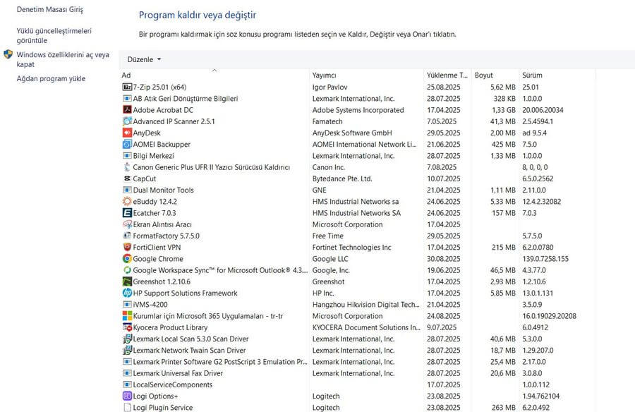 Denetim Masası nedir konusu için hazırlanmış denetim masası program ekle/kaldır penceresi