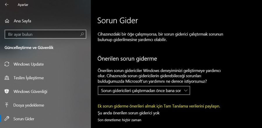 Windows güncelleme hataları için ilk yöntem: Windows update sorun giderici