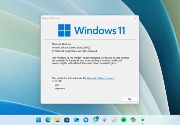 Windows 11 Versiyon 25H2 güncellemesi almış bir PC ekran görüntüsü