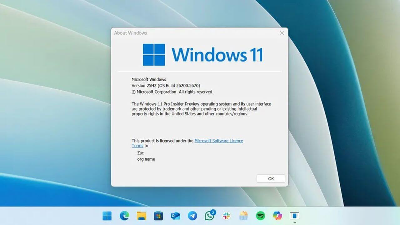 Windows 11 Versiyon 25H2 güncellemesi almış bir PC ekran görüntüsü