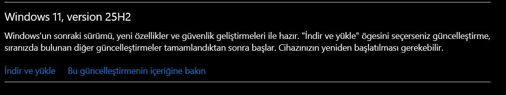 Windows 11 Versiyon 25H2 güncellemesi gelen bir bilgisayardaki güncelleme sayfası
