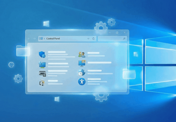 Denetim Masası Nasıl Açılır konusunu anlatan, arkada Windows logosu ve Denetim masası sembollerini içeren görsel