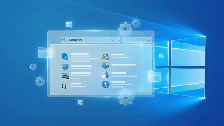 Denetim Masası Nasıl Açılır konusunu anlatan, arkada Windows logosu ve Denetim masası sembollerini içeren görsel