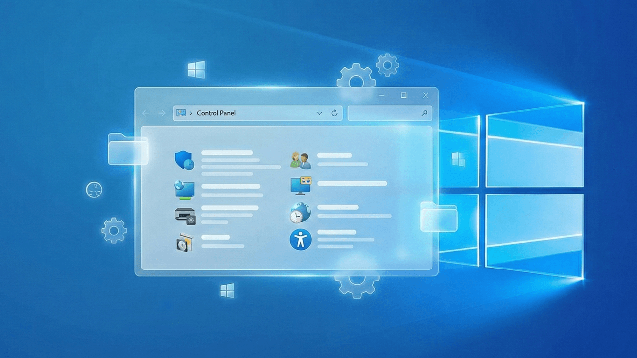 Denetim Masası Nasıl Açılır konusunu anlatan, arkada Windows logosu ve Denetim masası sembollerini içeren görsel