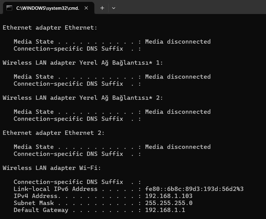 CMD üzreinden Bilgisayar IP Adresi Nasıl Bulunur? için hazırlanan ekran görüntüsü