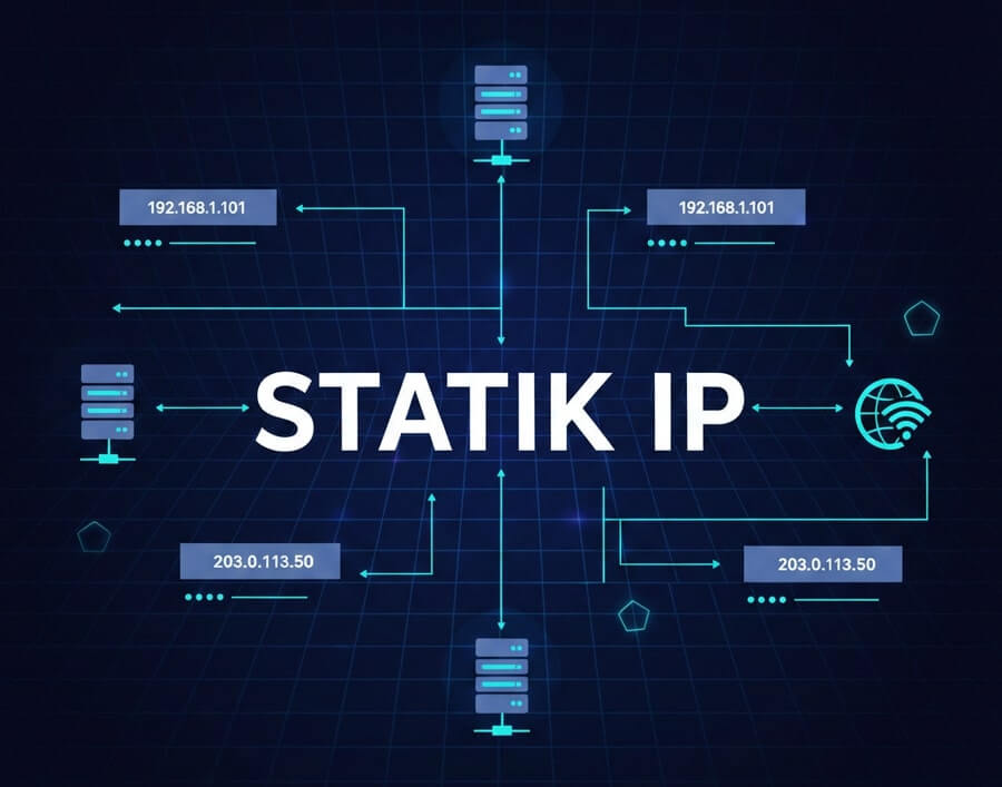 Statik IP nedir yazan çevresinde ağ simgeleri olan görsel