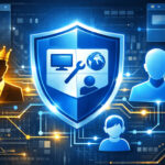 Merkezinde Windows Denetim Masası logosu olan mavi bir kalkan, etrafında yönetici (taçlı), standart ve çocuk kullanıcı profillerini birbirine bağlayan dijital hatların olduğu siber güvenlik illüstrasyonu.