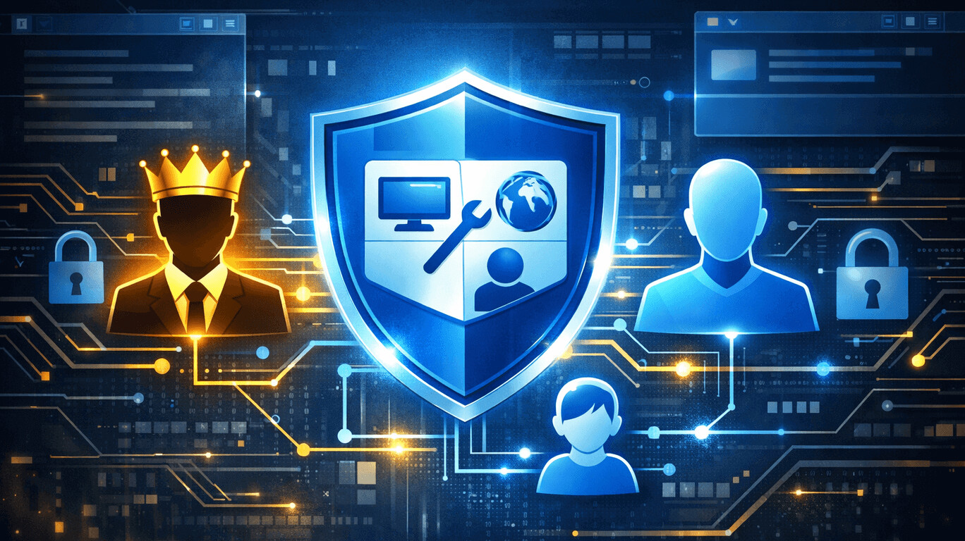 Merkezinde Windows Denetim Masası logosu olan mavi bir kalkan, etrafında yönetici (taçlı), standart ve çocuk kullanıcı profillerini birbirine bağlayan dijital hatların olduğu siber güvenlik illüstrasyonu.