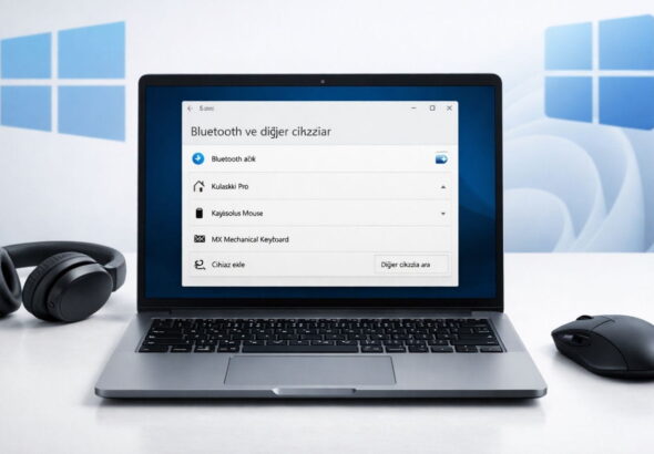 Windows 10 ve 11 işletim sistemlerinde Bluetooth ve cihaz ayarları yönetim rehberi kapak görseli.