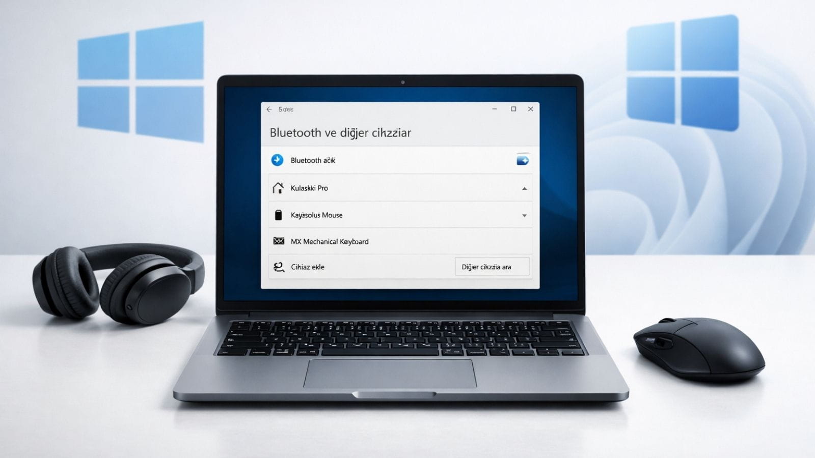 Windows 10 ve 11 işletim sistemlerinde Bluetooth ve cihaz ayarları yönetim rehberi kapak görseli.