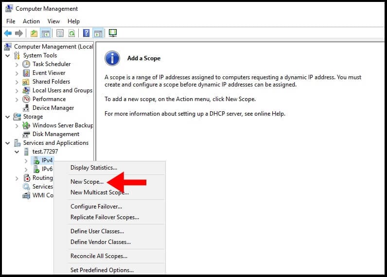 DHCP Management konsolu IPv4 yeni scope oluşturma menüsü