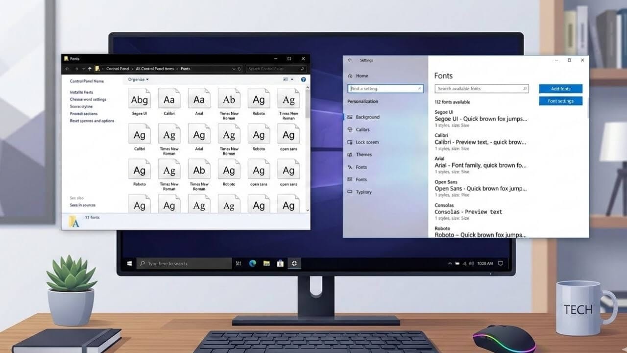 Windows 10 denetim masası yazı tipleri klasörü ve font ayarları ekranı