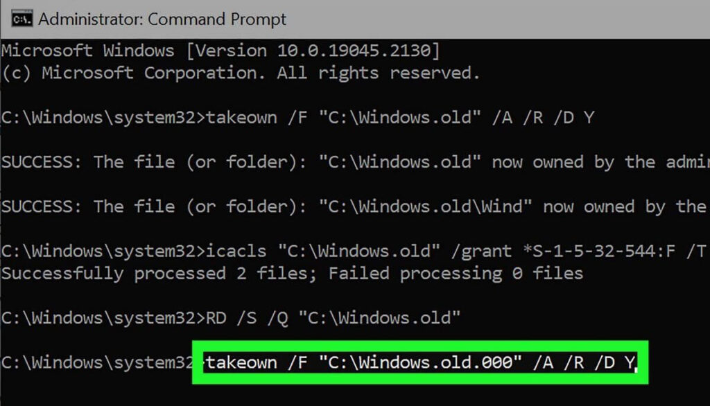 Komut İstemi CMD ile Windows.old ve Windows.old.000 silme komutları