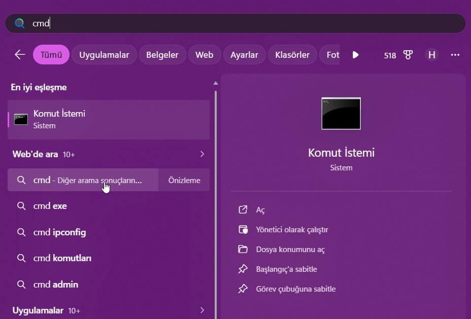 Windows 11 sağ tık için komut İstemini yönetici olarak çalıştırma 