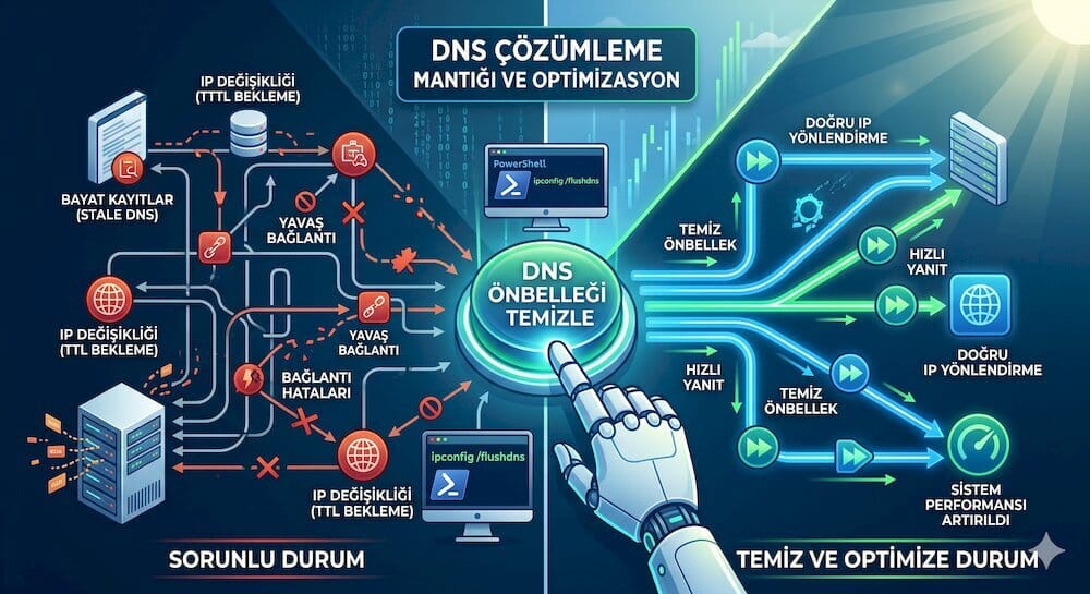 DNS çözümleme mantığını, hatalı kayıtları (Stale DNS) ve temizleme sonrası optimize edilmiş ağ akışını gösteren teknik infografik.