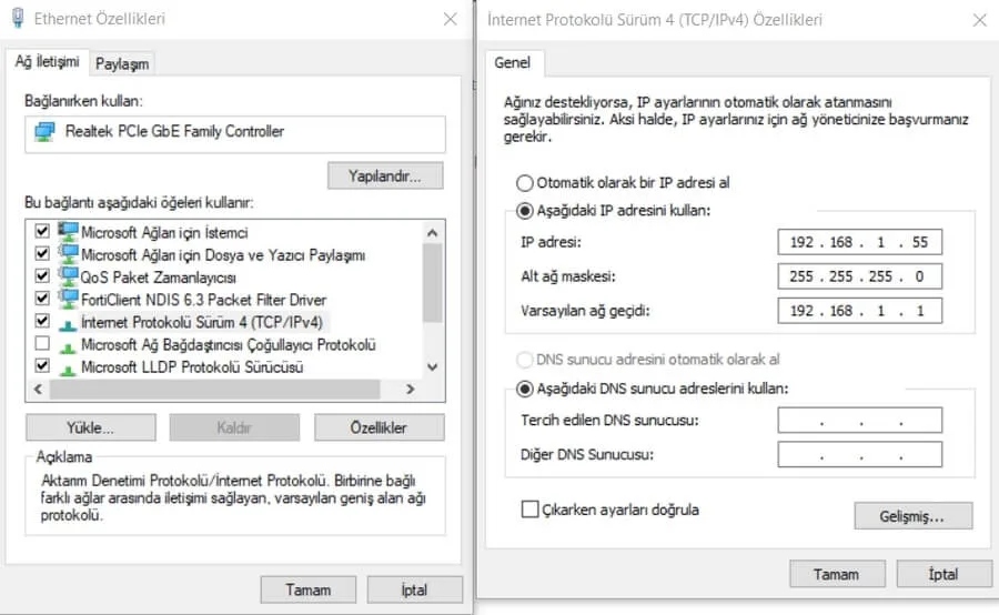 Active Directory kurulumu öncesinde Windows Server IPv4 statik IP tanımlama ayarları