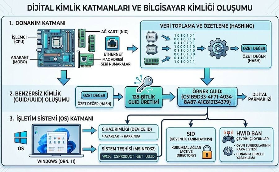 Donanım kimliklerinin katmanlarını ve Windows bilgisayar kimliği (Device ID, GUID, SID, HWID) oluşum sürecini gösteren Türkçe infografik şeması.