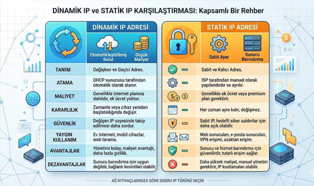 Dinamik IP nedir? Dinamik IP ile Statik IP arasındaki farkları gösteren tablo